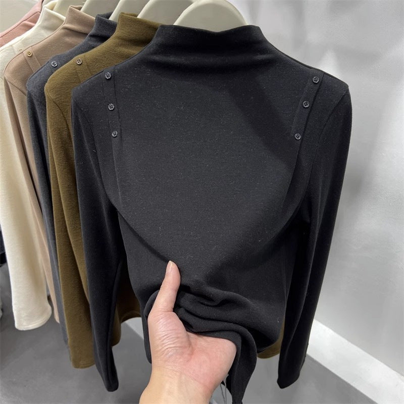 Double-Sided Velvet Half-High Neck Long Sleeve Base Layer Shirt for Women, Fashionable and Versatile Long Sleeve Inner Wear