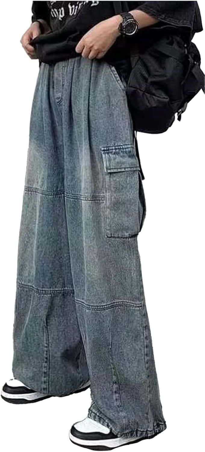 Casual Color-blocked Multi-pocket Loose Fit Men's Denim Pants Fashion Streetwear Style