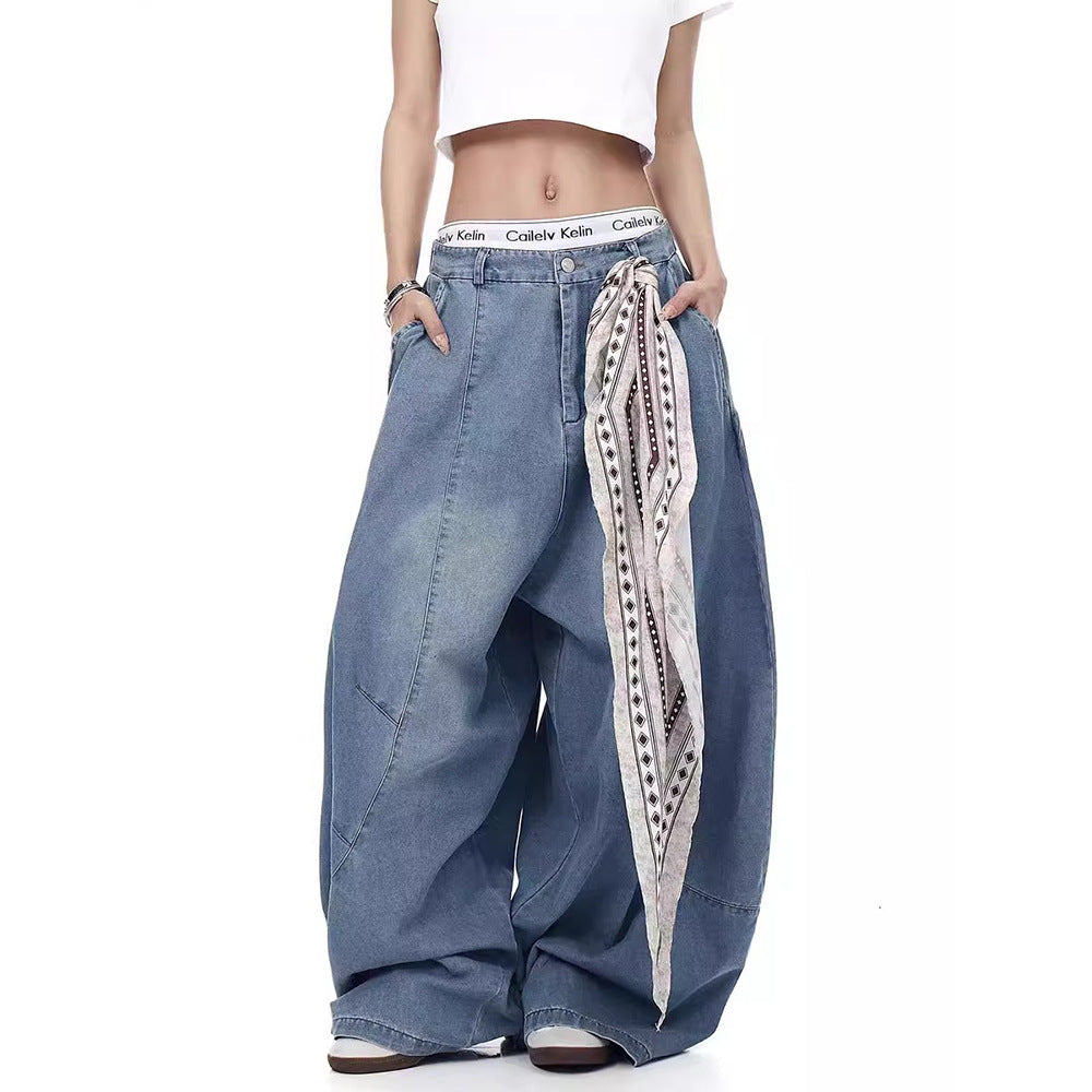 Vintage Scarf Deconstructed Oversized Blade Denim Pants for Men Jazz Dance Wide Leg Floor-Length Banana Trousers