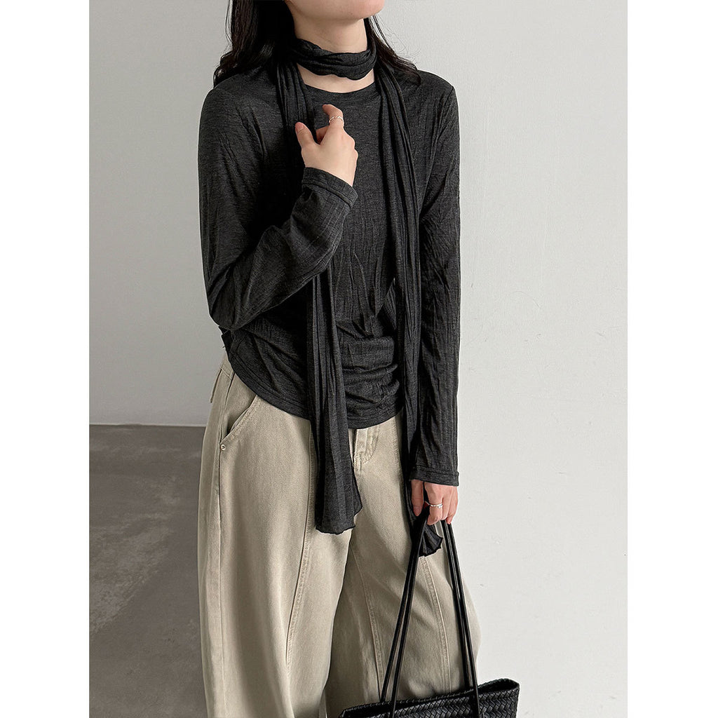 Soft long-sleeve T-shirt for women, autumn new style, slimming pleated TENCEL blend undershirt with scarf pairing