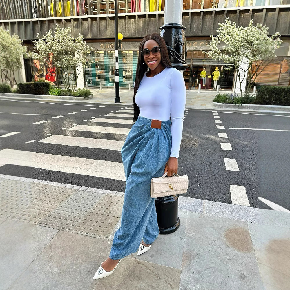 Street Style High-Waisted Wide-Leg Washed Denim Pants for Women