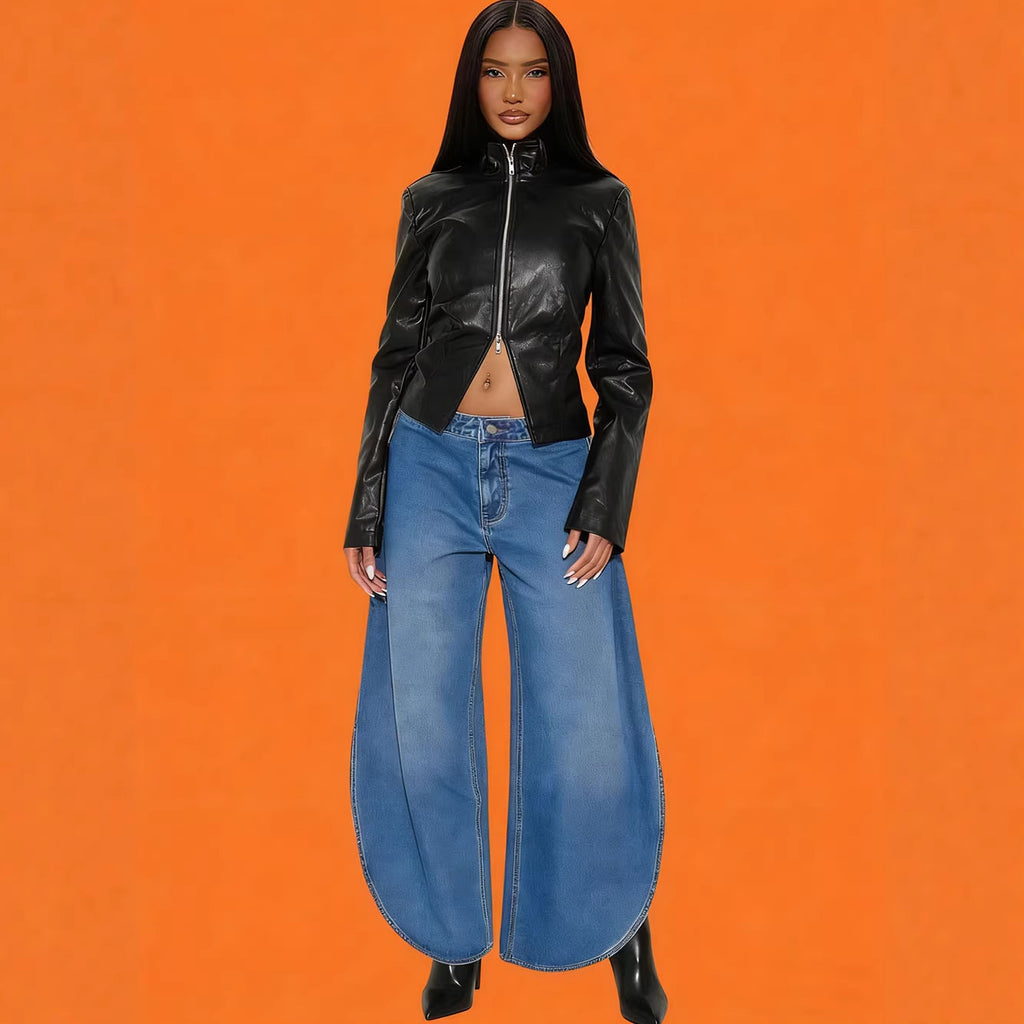 High-Waisted Wide-Leg Denim Pants with Washed Finish and Slit Street-Style Women's Fashion Jeans