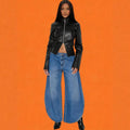 High-Waisted Wide-Leg Denim Pants with Washed Finish and Slit Street-Style Women's Fashion Jeans