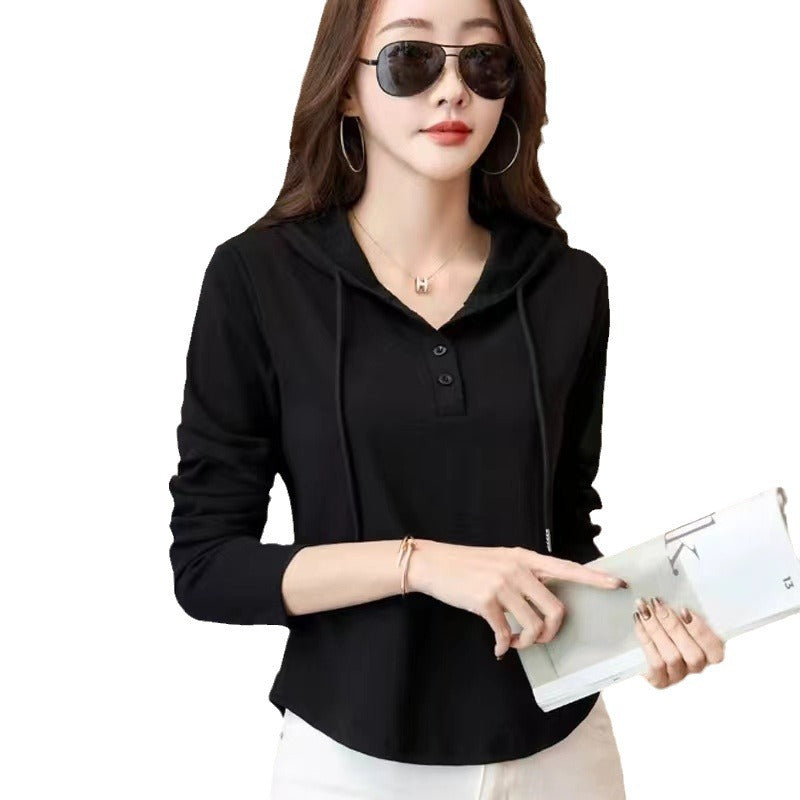 Hooded Long Sleeve Lightweight T-Shirt for Women, Fashionable Minimalist Solid Color Inner Layer Top