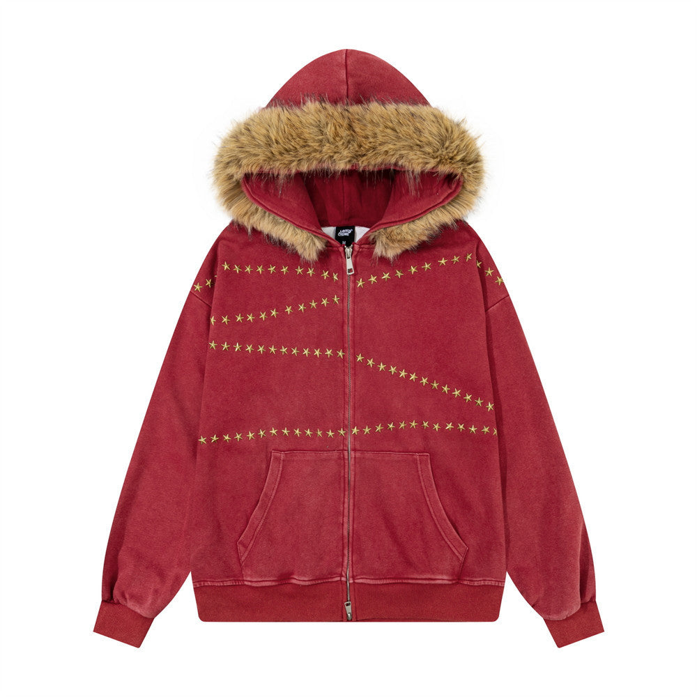 Mao collar hooded sweatshirt jacket