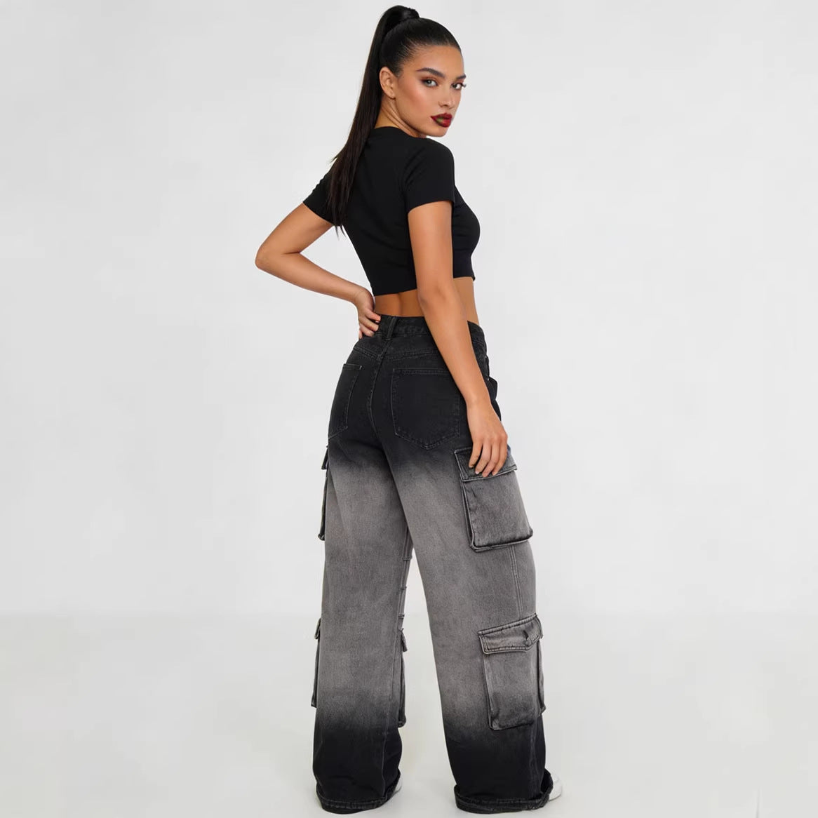 Women's Denim Cargo Pants Street Fashion Gradient Color Multi-Pocket Straight Leg Pants