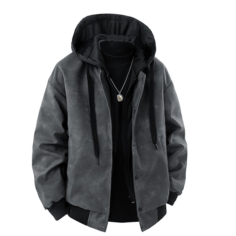 Men'sStreet Style Motorcycle Leather Jacket with Hooded Spliced Design