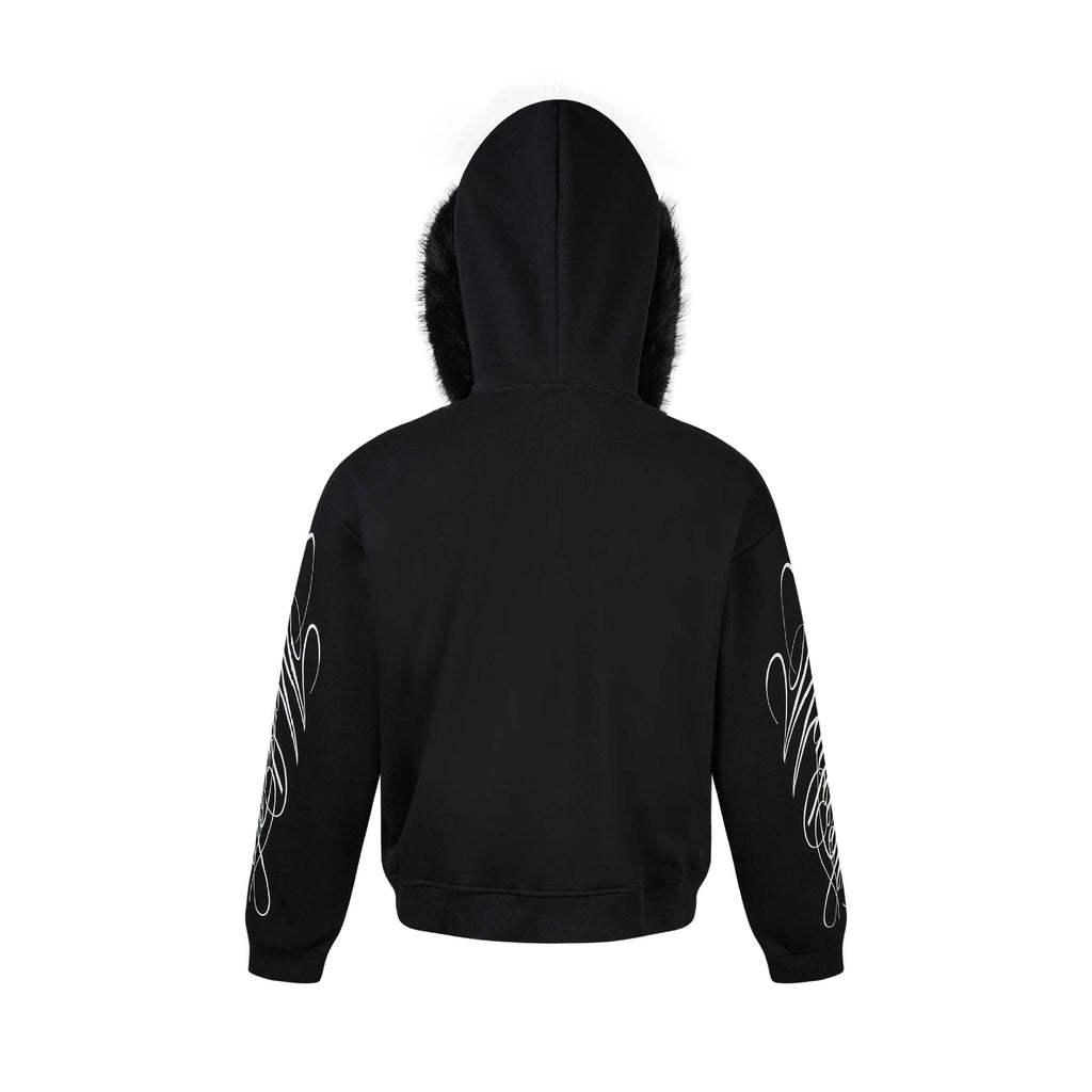 Script Print Cropped Long Sleeve Fur Trim Hood Zip-up Sweatshirt