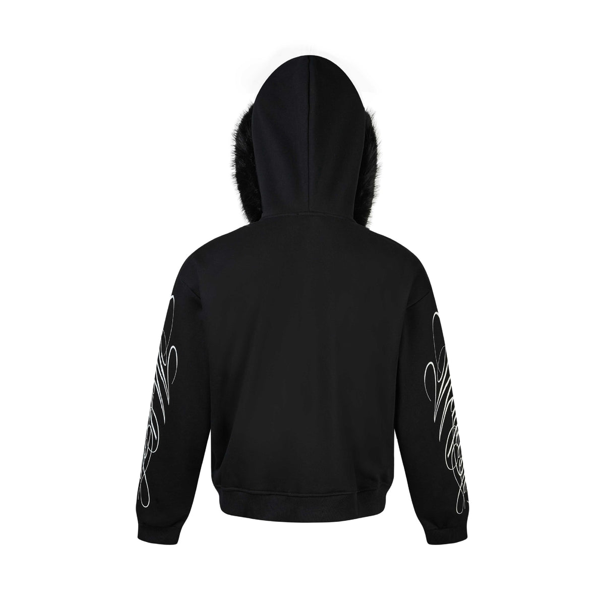 Script Print Cropped Long Sleeve Fur Trim Hood Zip-up Sweatshirt