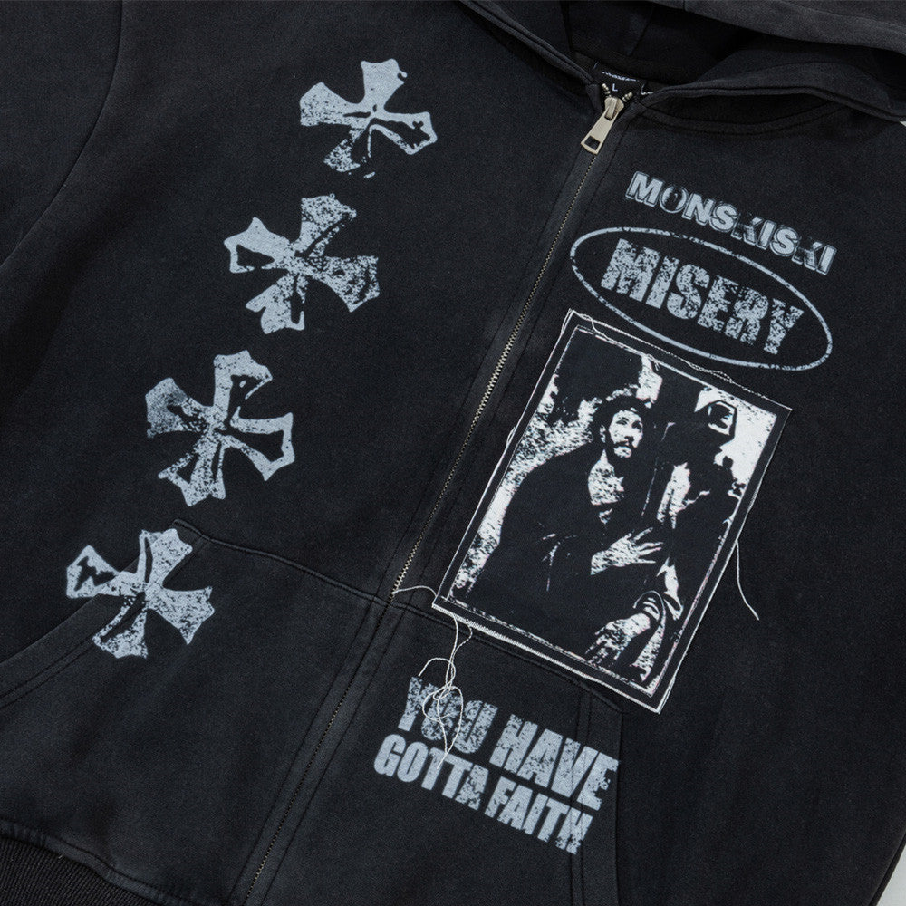 Cross figure printed washed hooded sweatshirt