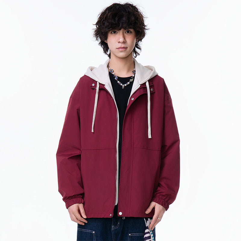 Casual Solid Color Long Sleeve Zipper Stand Collar Loose Fit Men's Windbreaker Jacket