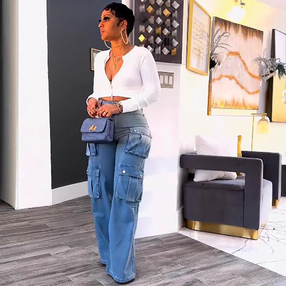 Jeans for women, high-waisted wide-leg pants with multiple pockets and gradient color