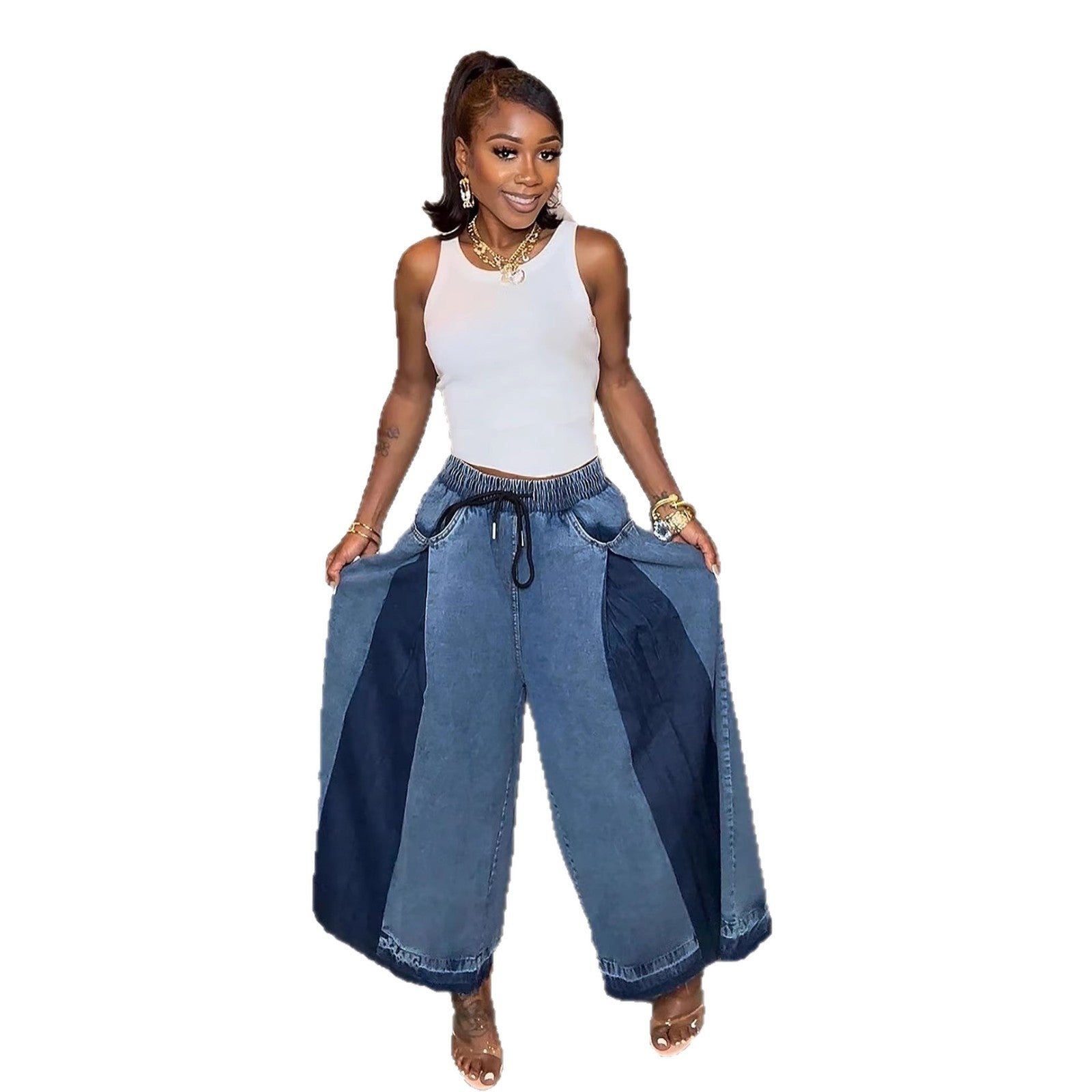 Casual Elastic Wide-leg Raw Hem Ankle-length Jeans