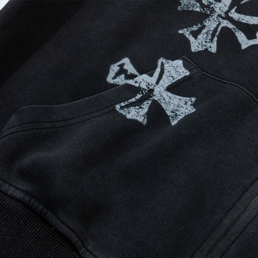 Cross figure printed washed hooded sweatshirt
