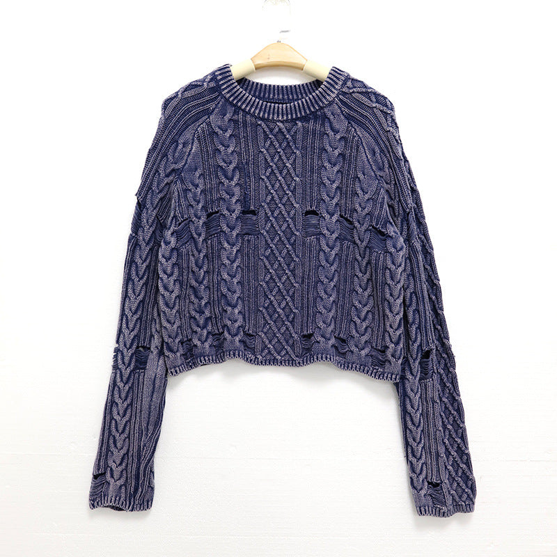 Round neck long sleeved short sweater with holes