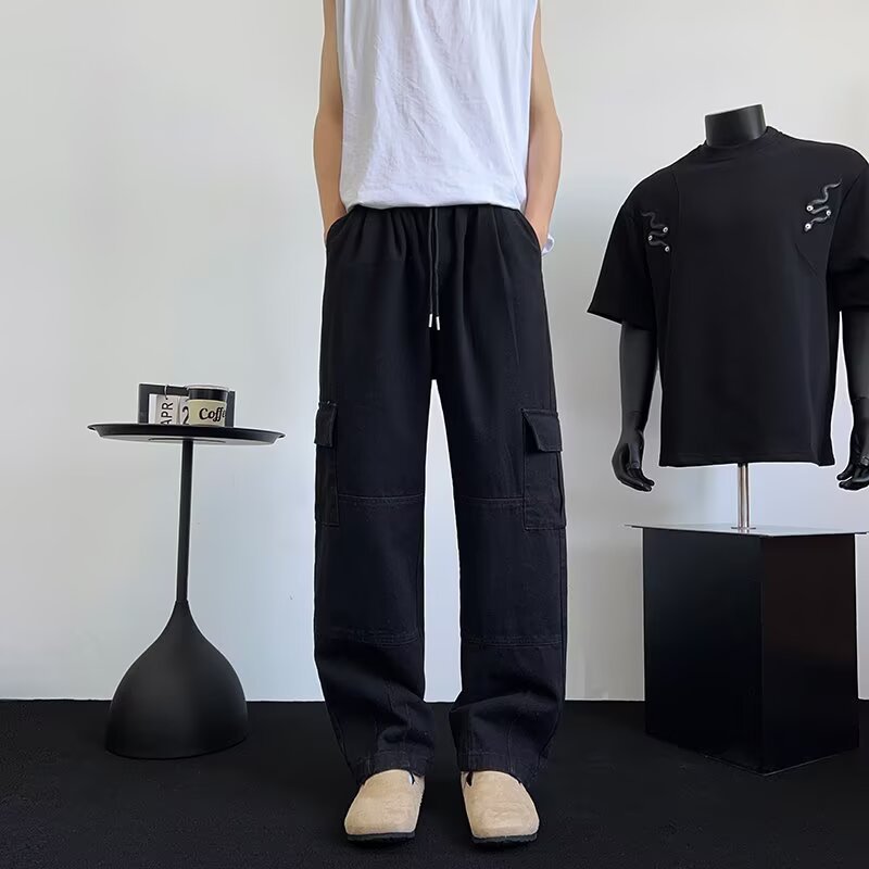 Casual Color-blocked Denim Pants for Men, Loose Fit, Multi-pocket, Fashionable, Versatile, Summer Style