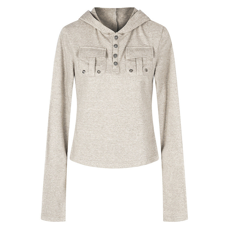 Hooded long sleeved half open button double pocket casual spicy girl base T-shirt