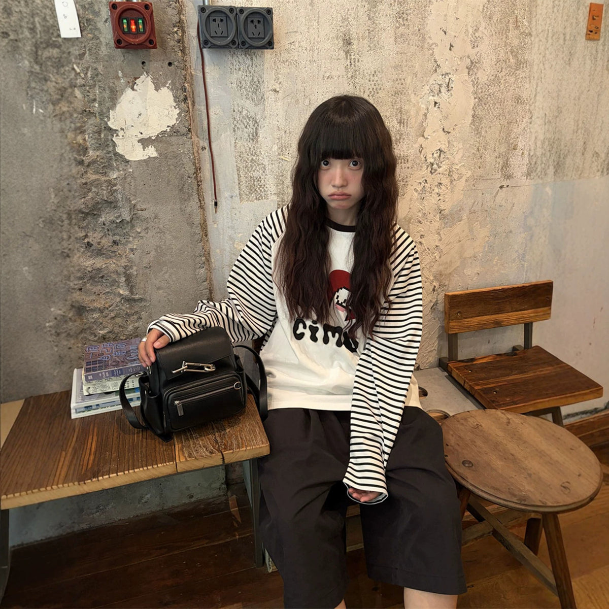 Black and White Stripe Letter Long Sleeve T-Shirt for Women