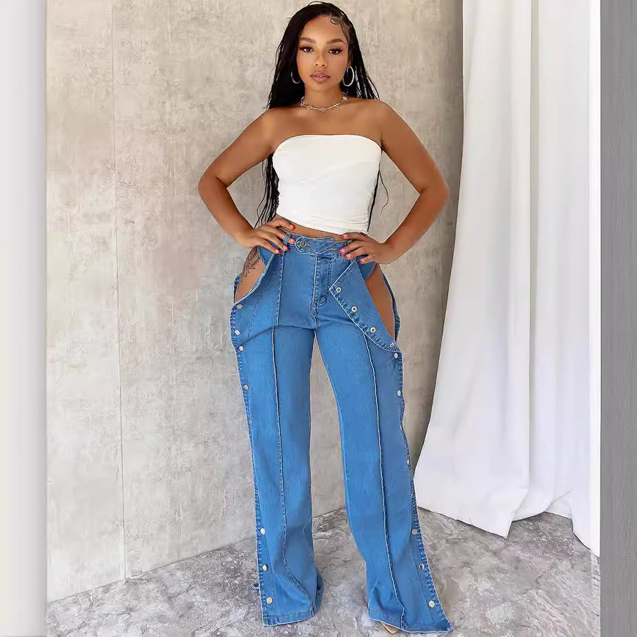 Style High-Waist Jeans Women's Fashion Streetwear Double-Side Button Closure Casual Long Pants