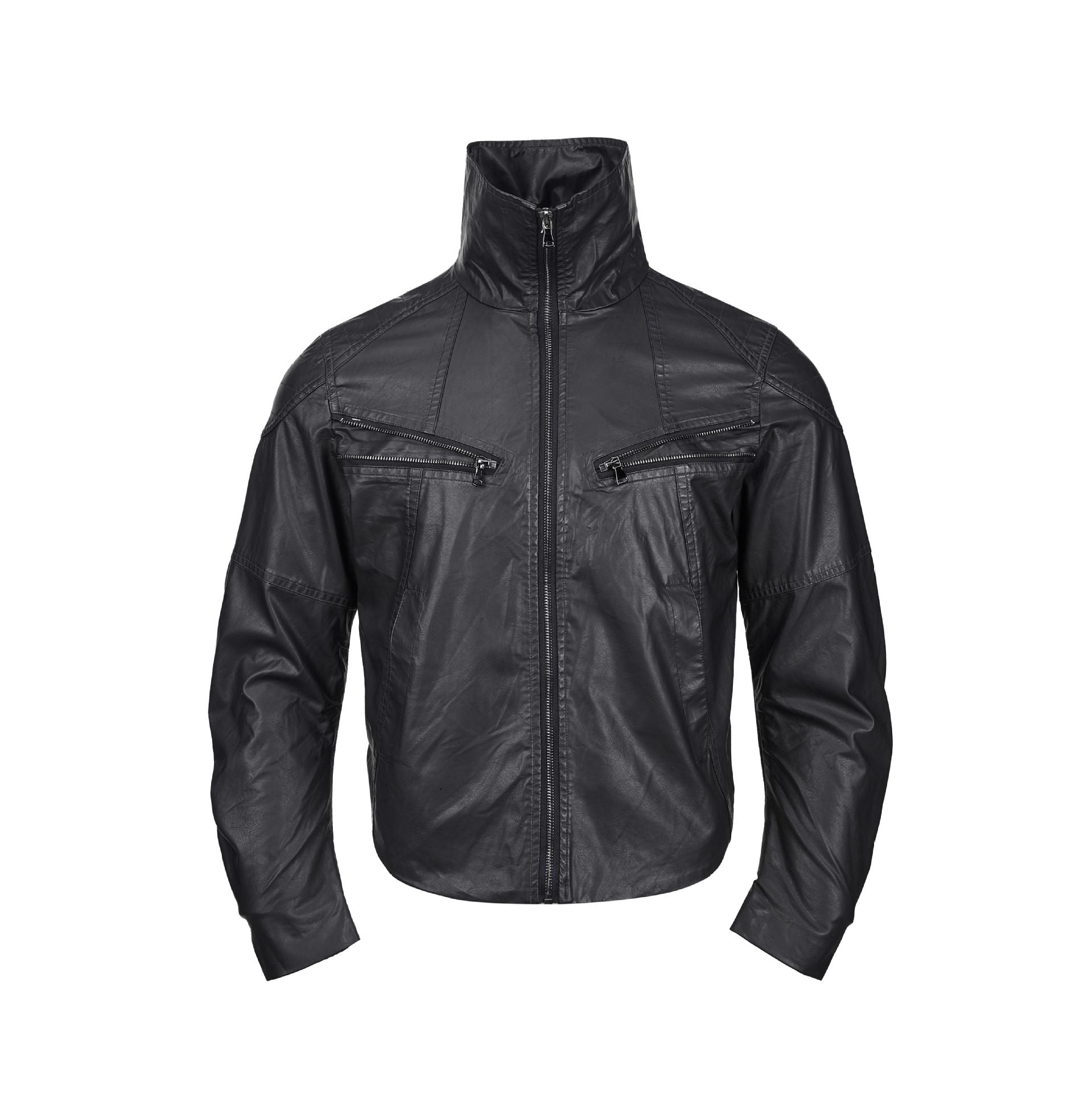 Deconstructed Stand Collar PU Leather Hunting Jacket