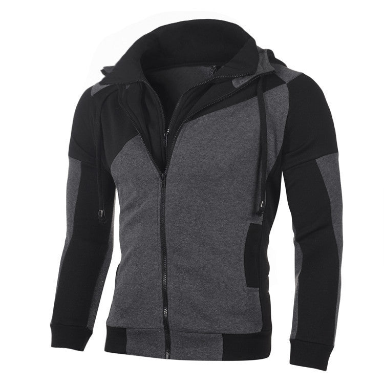 Men's Casual Color Block Spliced Long Sleeve Two-Way Zipper Hooded Zip-Up Jacket