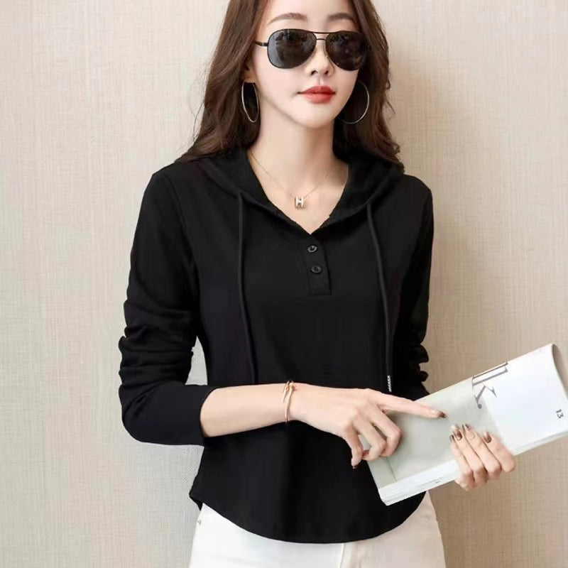 Hooded Long Sleeve Lightweight T-Shirt for Women, Fashionable Minimalist Solid Color Inner Layer Top