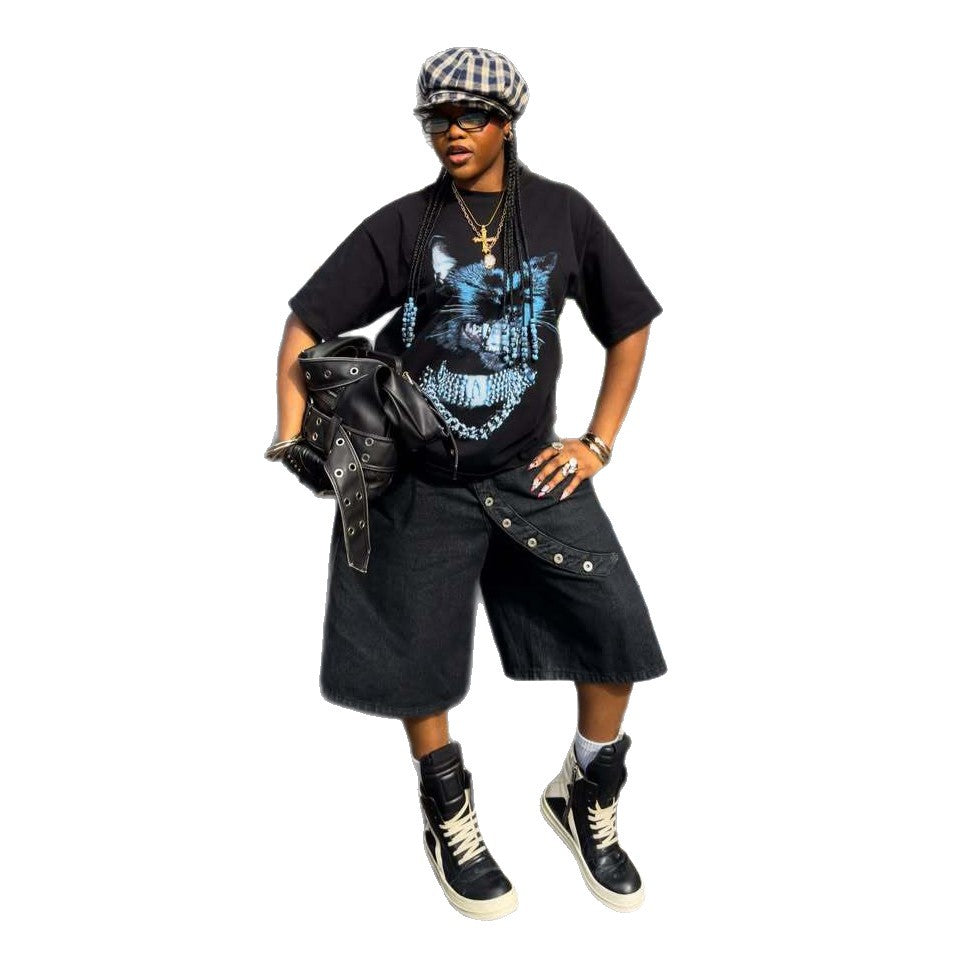 Fashion Deconstructed Asymmetrical Placket Button-Down Seven-Eighth Denim Pants