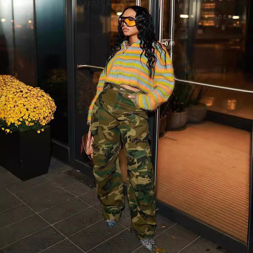 Women's Camouflage Pants Winter New Style Street Fashion Multi-Pocket Straight Leg Jeans
