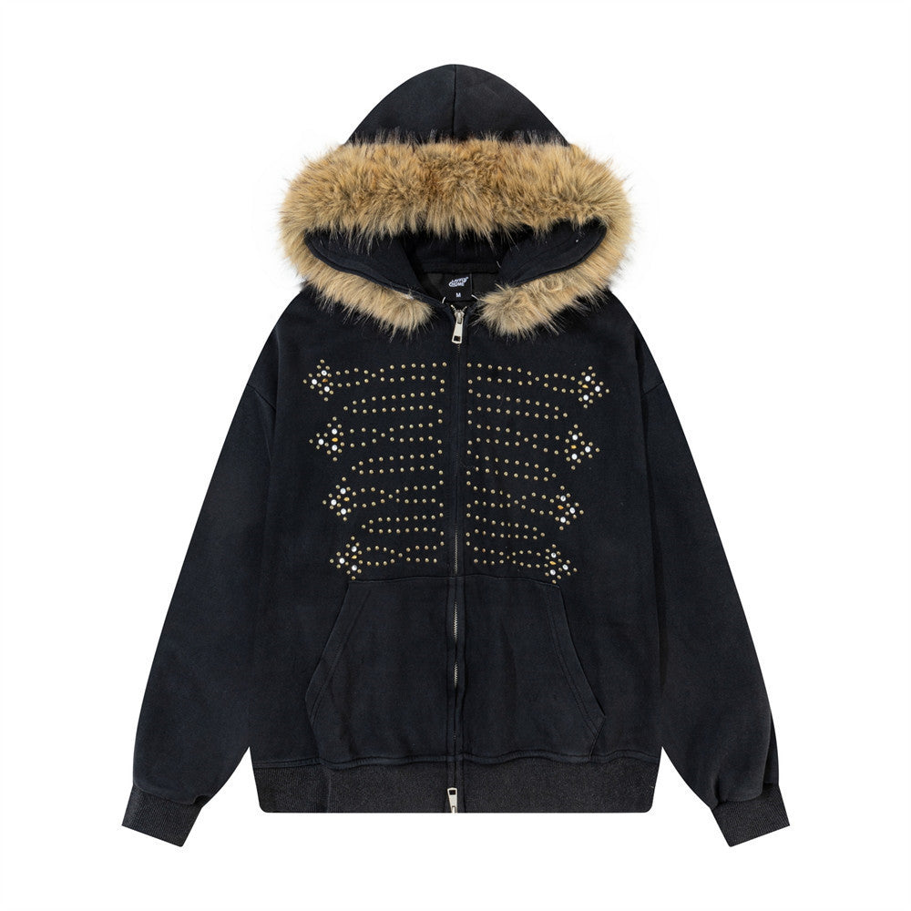 Woolen collar hooded cardigan sweatshirt