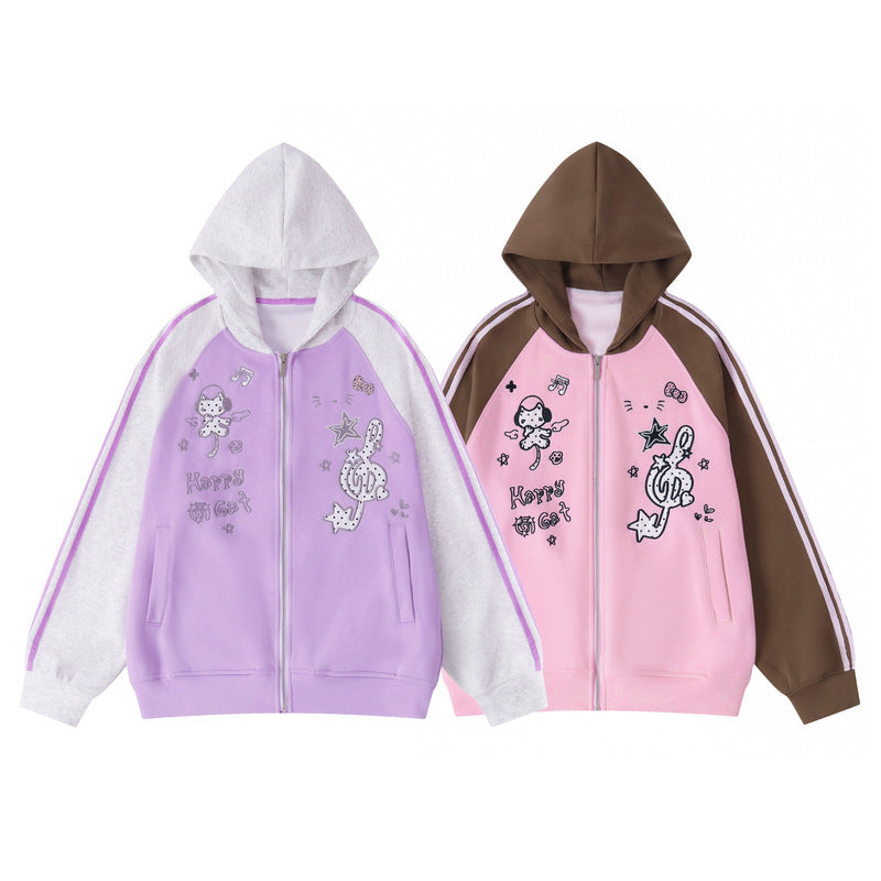 Light purple gray color blocked shoulder hooded cardigan sweatshirt for women