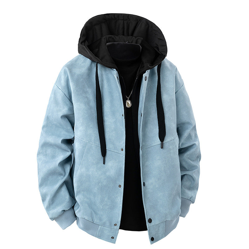 Men'sStreet Style Motorcycle Leather Jacket with Hooded Spliced Design