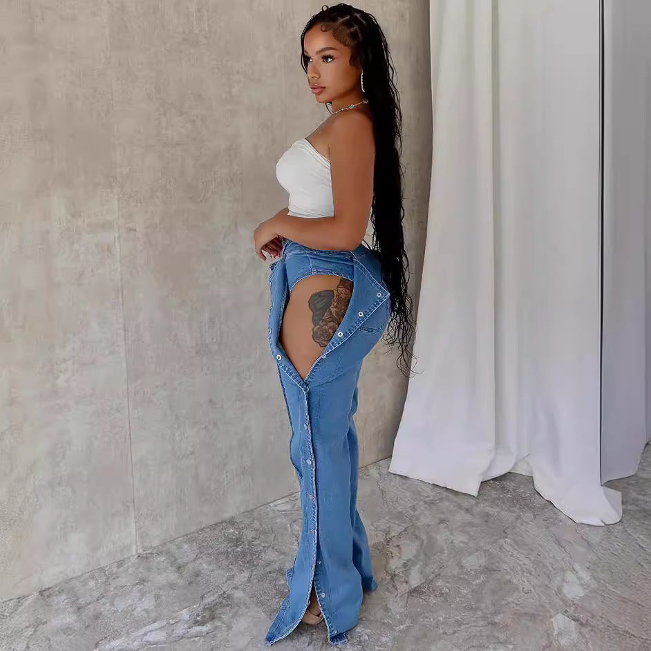Style High-Waist Jeans Women's Fashion Streetwear Double-Side Button Closure Casual Long Pants
