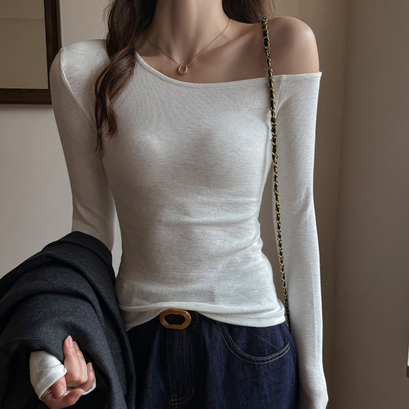 Off-Shoulder Long Sleeve Top for Women, New Style, Versatile, Elegant Solid Color, Regular Shoulder, Slim Fit, Bodycon, Sexy Look, Bamboo Cotton Shirt