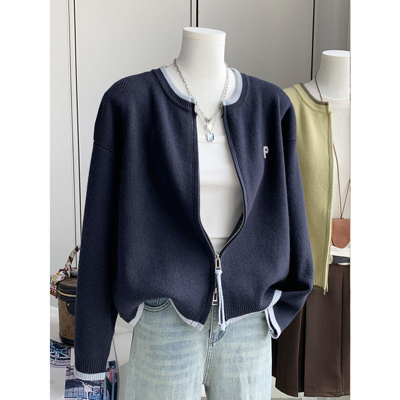 Chic Loose Double-Zip Short Knit Cardigan for Women, Pure Color Letter Embroidery Sweater Coat, Autumn Spring New Style