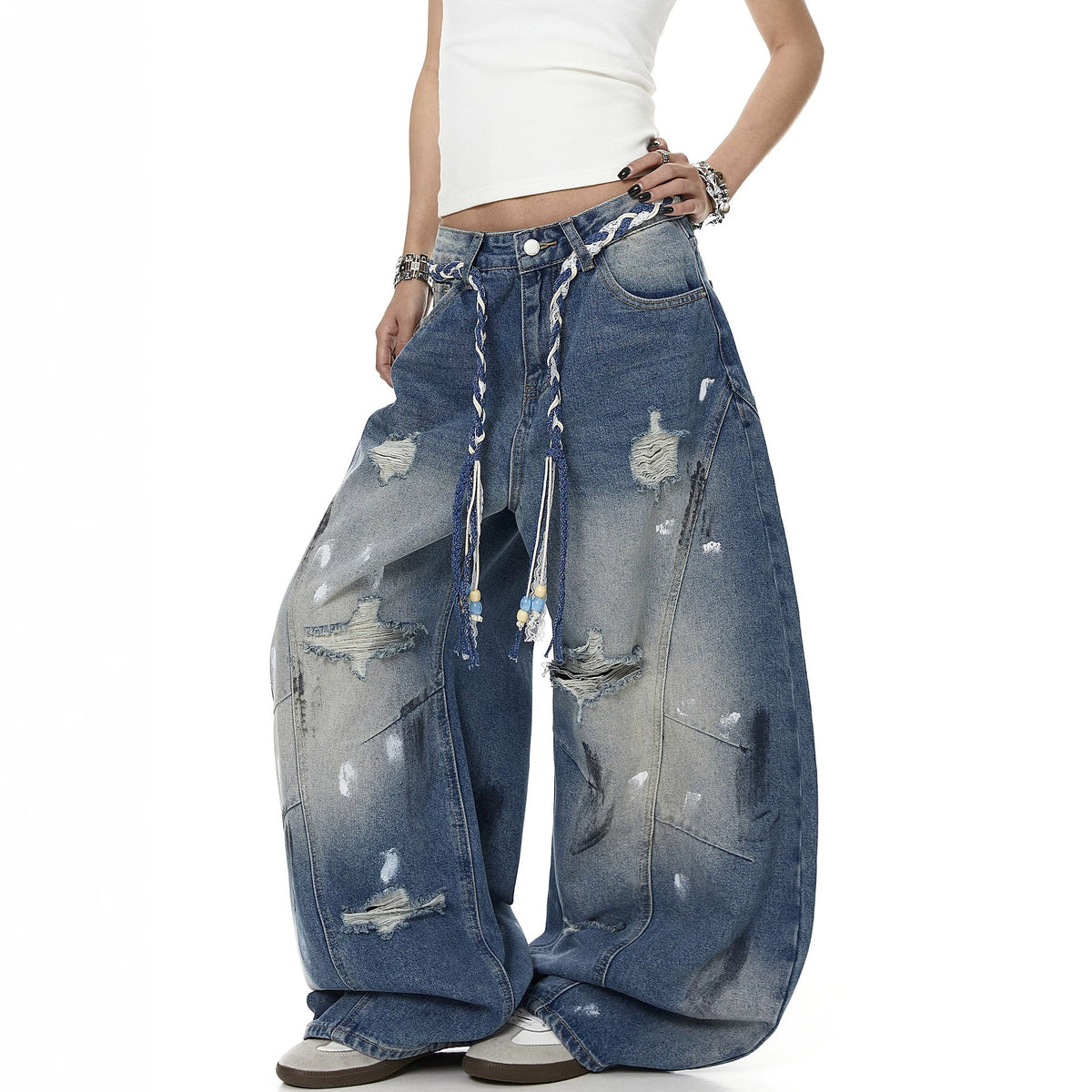 Street Style Distressed Printed Wide-Leg Jeans for Women with Tie Waist and Vintage Washed Effect