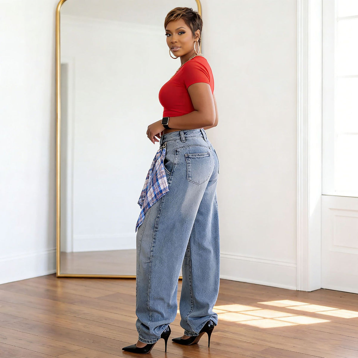 Street Style Detachable Scarf Washed Knife Cut Jeans