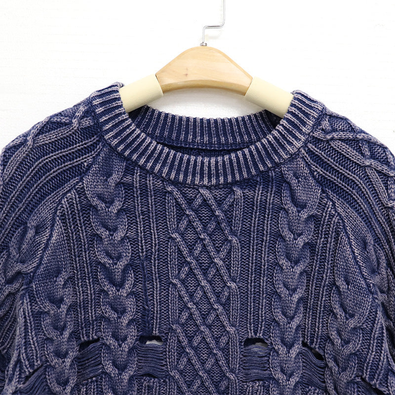 Round neck long sleeved short sweater with holes