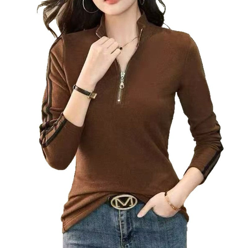 Double-Sided Velvet High Neck Zip-Up Long Sleeve T-Shirt for Women, Inner Layer or Outerwear Top