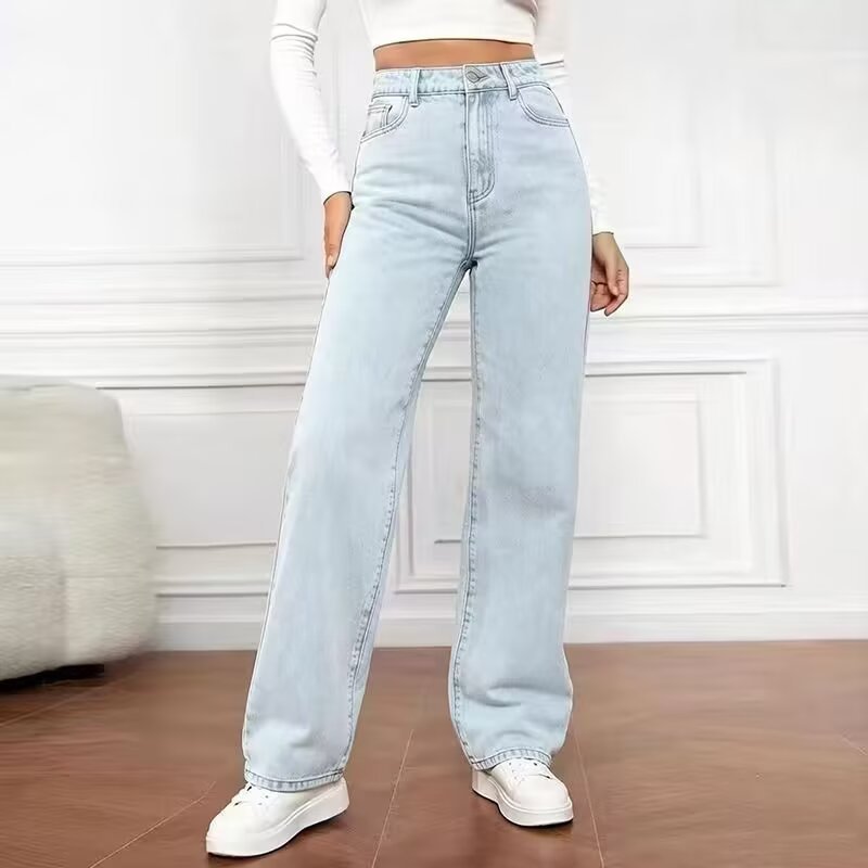 Chic Women's Fashionable Denim Pants Summer Casual Elegant Solid Color Long Trousers