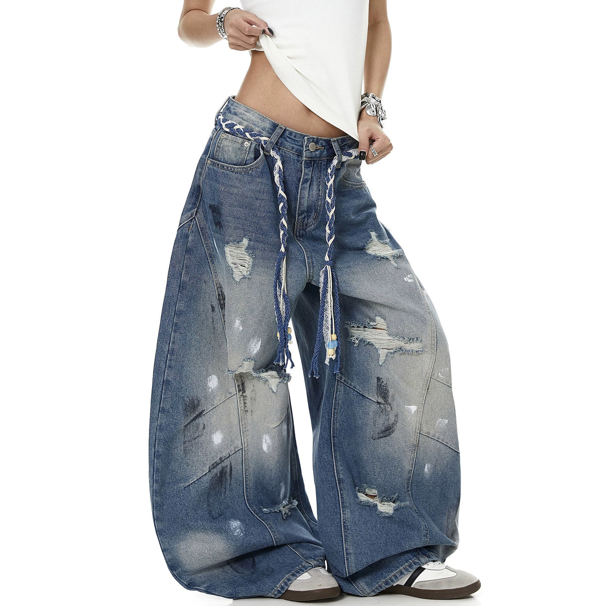 Street Style Distressed Printed Wide-Leg Jeans for Women with Tie Waist and Vintage Washed Effect