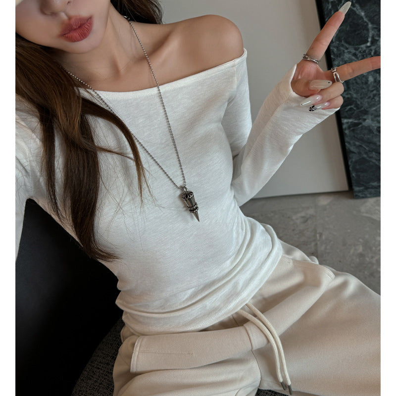 Chic Long Sleeve Crop Top for Women, Off-Shoulder Asymmetric Design, Sexy and Sultry Inner Wear or Outerwear, Regular Shoulder T-Shirt Top