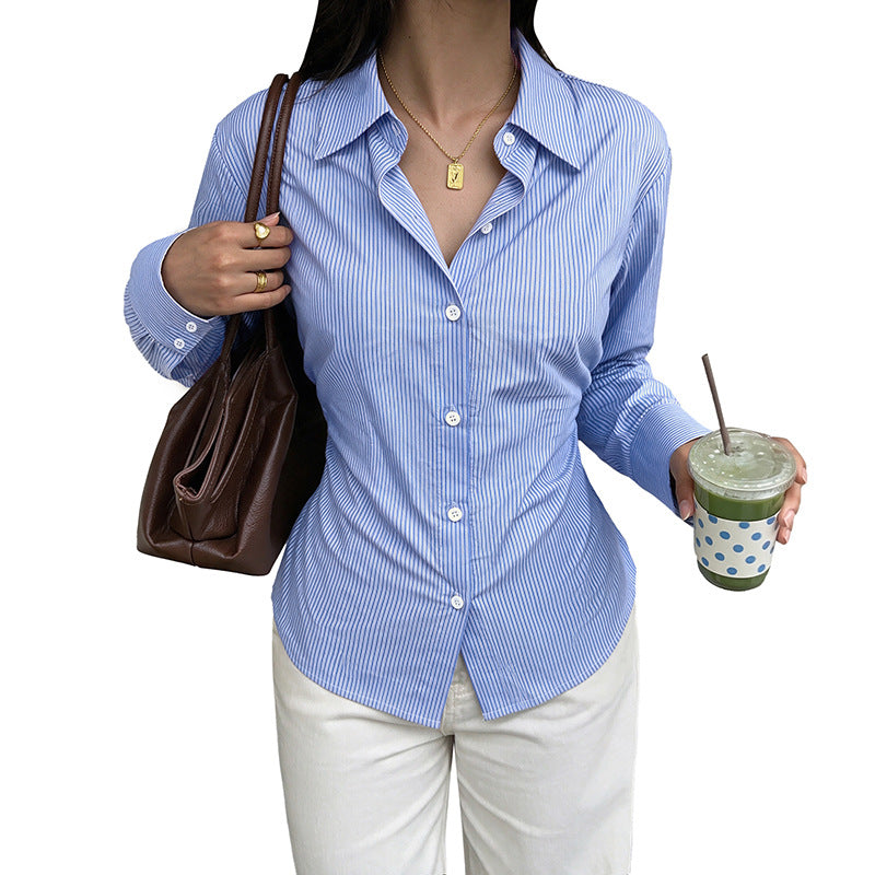 Collar striped back cross strap waist cinching shirt for women