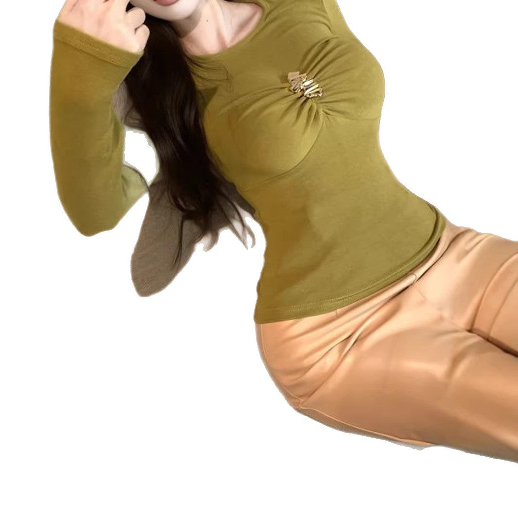 Olive Green Pleated Round Neck Long Sleeve T-Shirt for Women Fitted Design, Slim Fit, Inner Layer, Bodycon Top