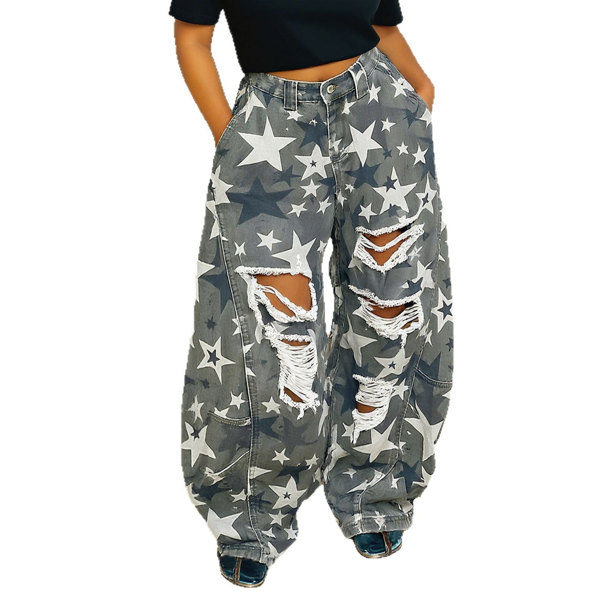 Washed Camouflage Star Ripped Knife Cut Denim Pants