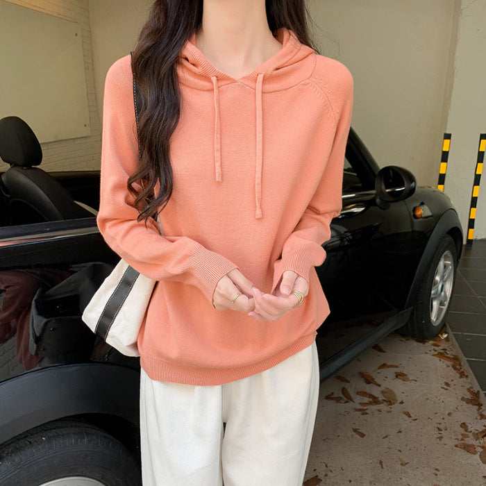 Chic Knit Sweater for Women with Hood, Loose Fit, Short Length, Crewneck, Solid Color, Casual Top