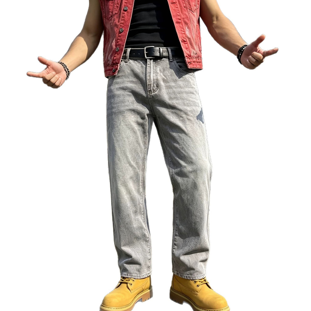 Casual Gray Men's Jeans for Daily Wear, Comfortable Commuting, Fashion Distressed Washed Denim Pants