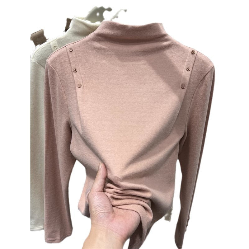 Double-Sided Velvet Half-High Neck Long Sleeve Base Layer Shirt for Women, Fashionable and Versatile Long Sleeve Inner Wear