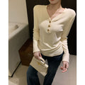 Fashion V-Neck Gold Button Embroidered Velvet Base Layer T-Shirt for Women Vintage Trendy Slim Fit Casual Top