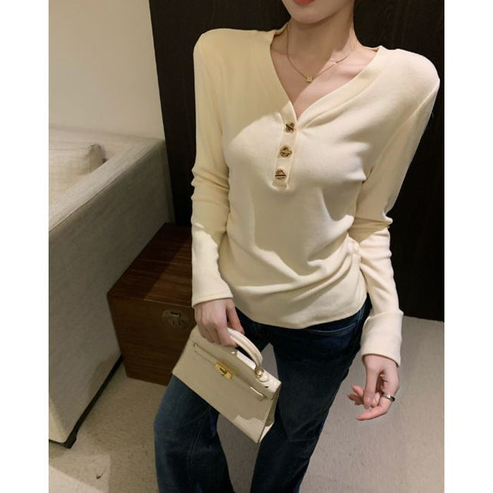 Fashion V-Neck Gold Button Embroidered Velvet Base Layer T-Shirt for Women Vintage Trendy Slim Fit Casual Top