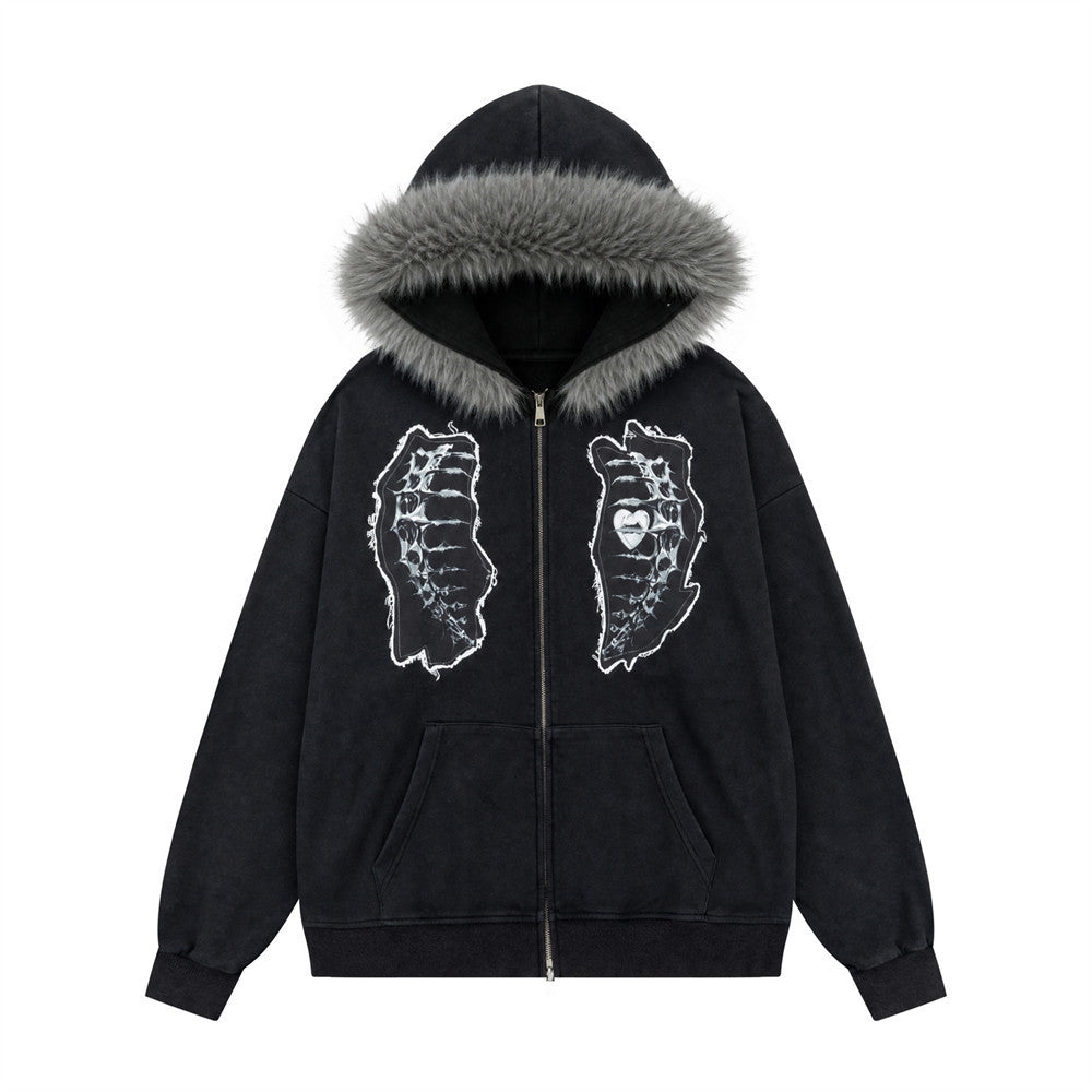 Adhesive bone print hooded jacket
